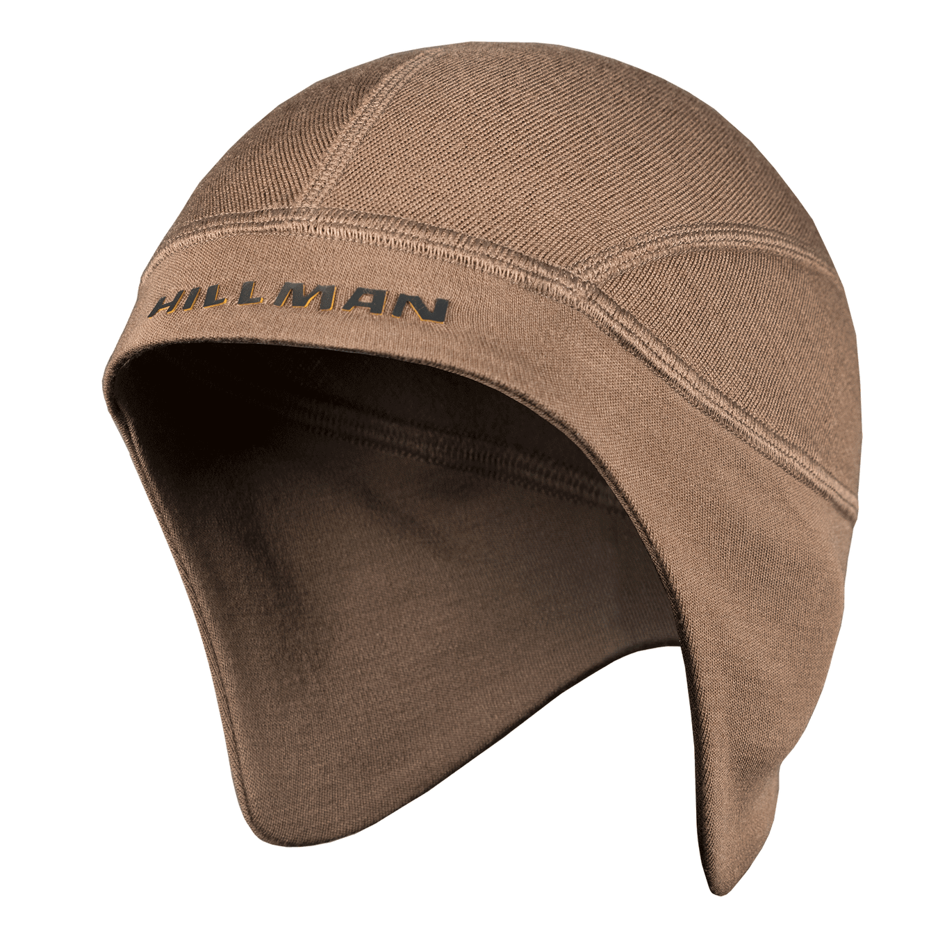 A brown, close-fitting merino beanie designed for outdoor activities. This hunting beanie features a seamless, contoured construction with ear flaps for extra warmth and the Hillman logo printed on the front.