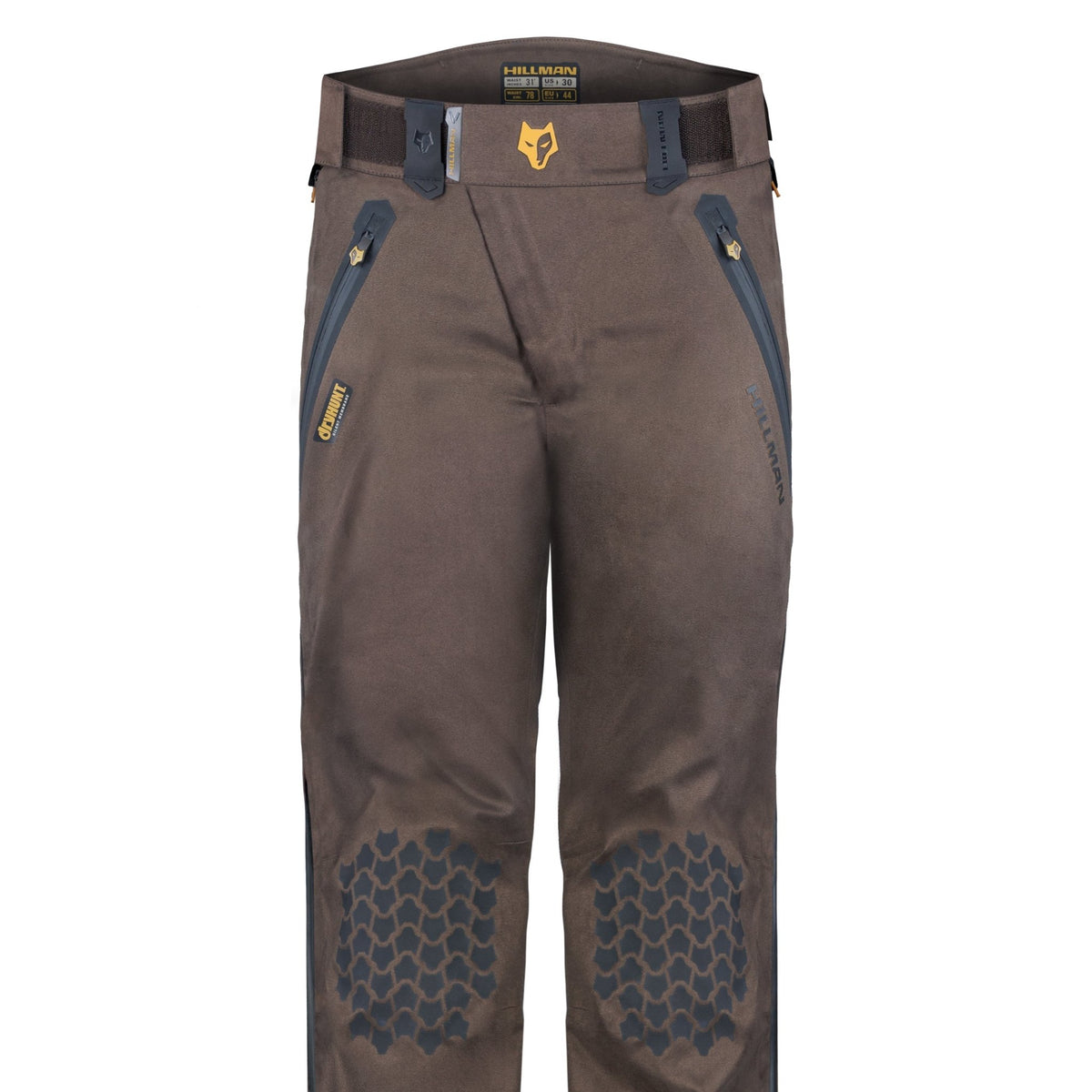 Waist-to-knee view of Hillman hunting pants in dark brown with angled zip pockets and anti-slip knee detailing. Lightweight waterproof hunting pants designed for hunters who cover a lot of ground.