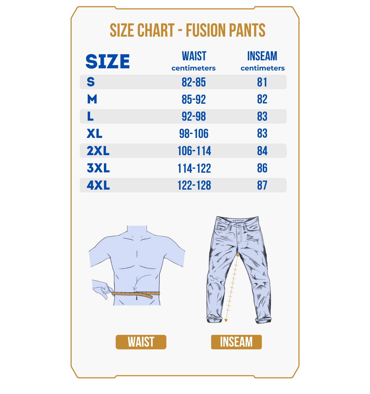 The size chart for PRE-ORDER Fusion Hunting Pants displays waist and inseam measurements in centimeters for sizes S-4XL, with diagrams showing where to measure on the body and pants.