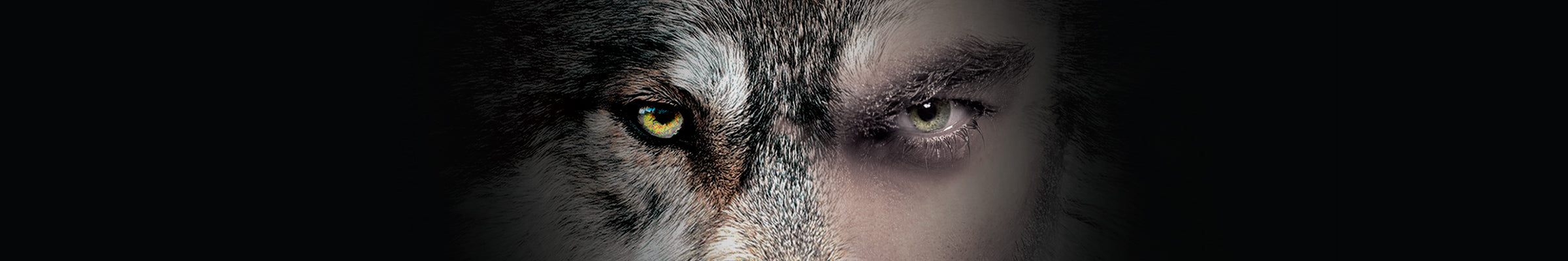 A split image showing the left side of a wolfs face on the left and the left side of a humans face on the right, both eyes gazing directly ahead with intense expressions. The background is dark, merging the two images seamlessly.