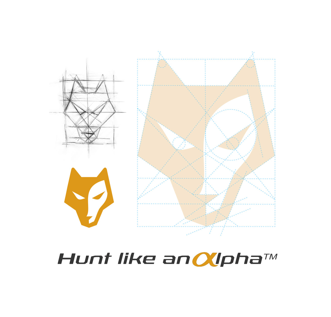 Geometric fox illustration process with grid overlay. Features a sketched fox head, a refined grid version, and the final design in orange. Below, the text reads Hunt like an αlpha™.