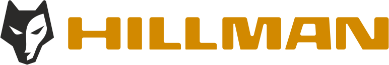 Logo featuring a stylized black and white wolf head to the left, with the word HILLMAN in bold, gold letters to the right. The design suggests strength and reliability.