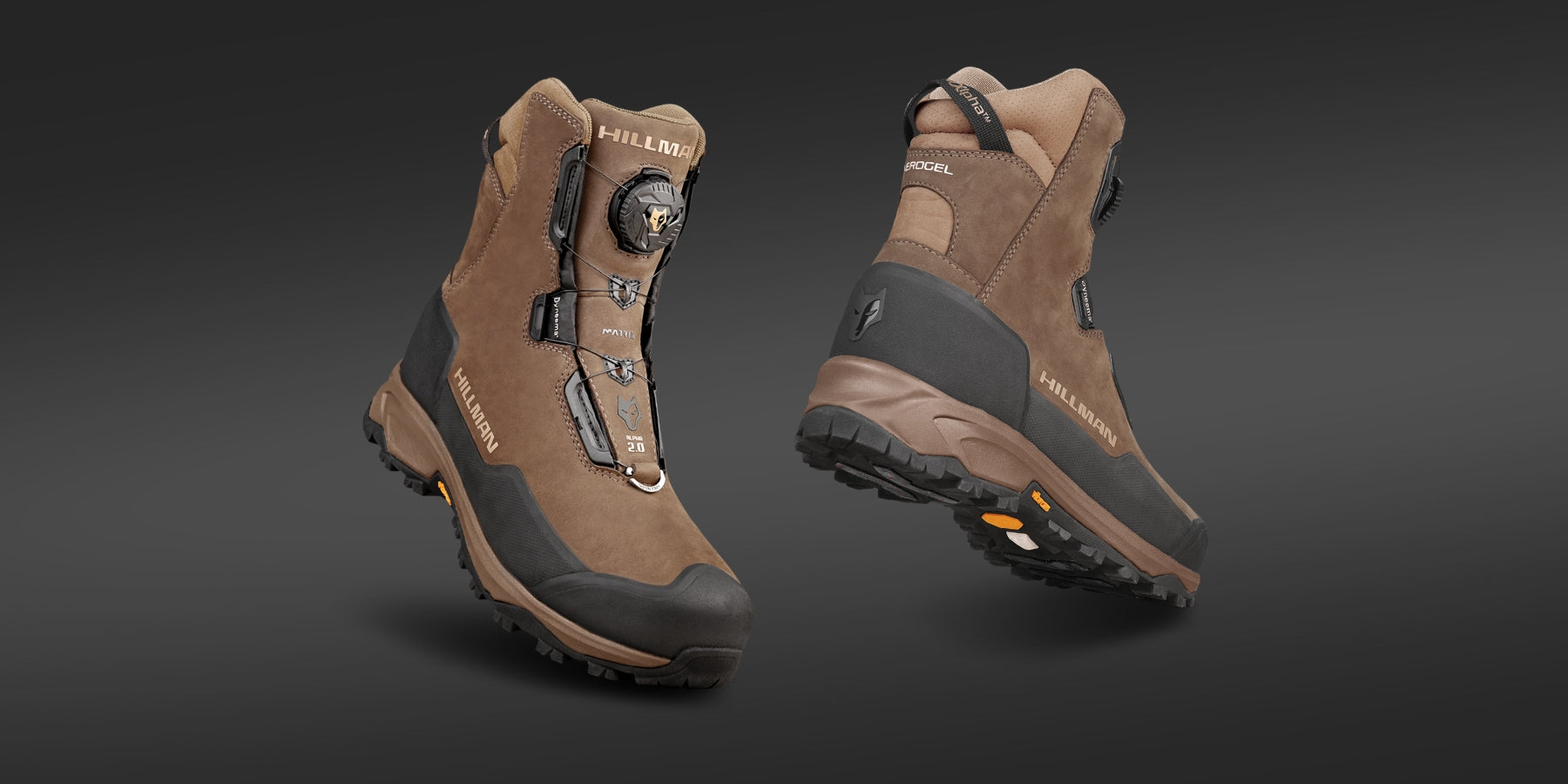 A pair of brown and black hiking boots are displayed against a dark gray background. One boot shows the front with a Boa lacing system, while the other displays the side and back, highlighting the brand and rugged sole design.