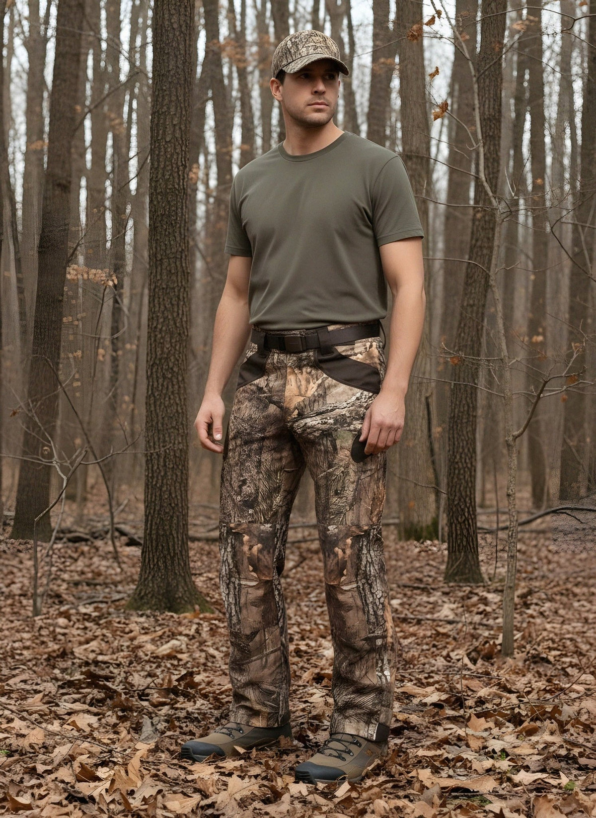 Mostrati indossati da un cacciatore in un bosco autunnale, questi pantaloni da caccia mimetici offrono una struttura leggera, protezione antispino contro la vegetazione pungente e una finitura silenziosa che mantiene discreti i tuoi passi.