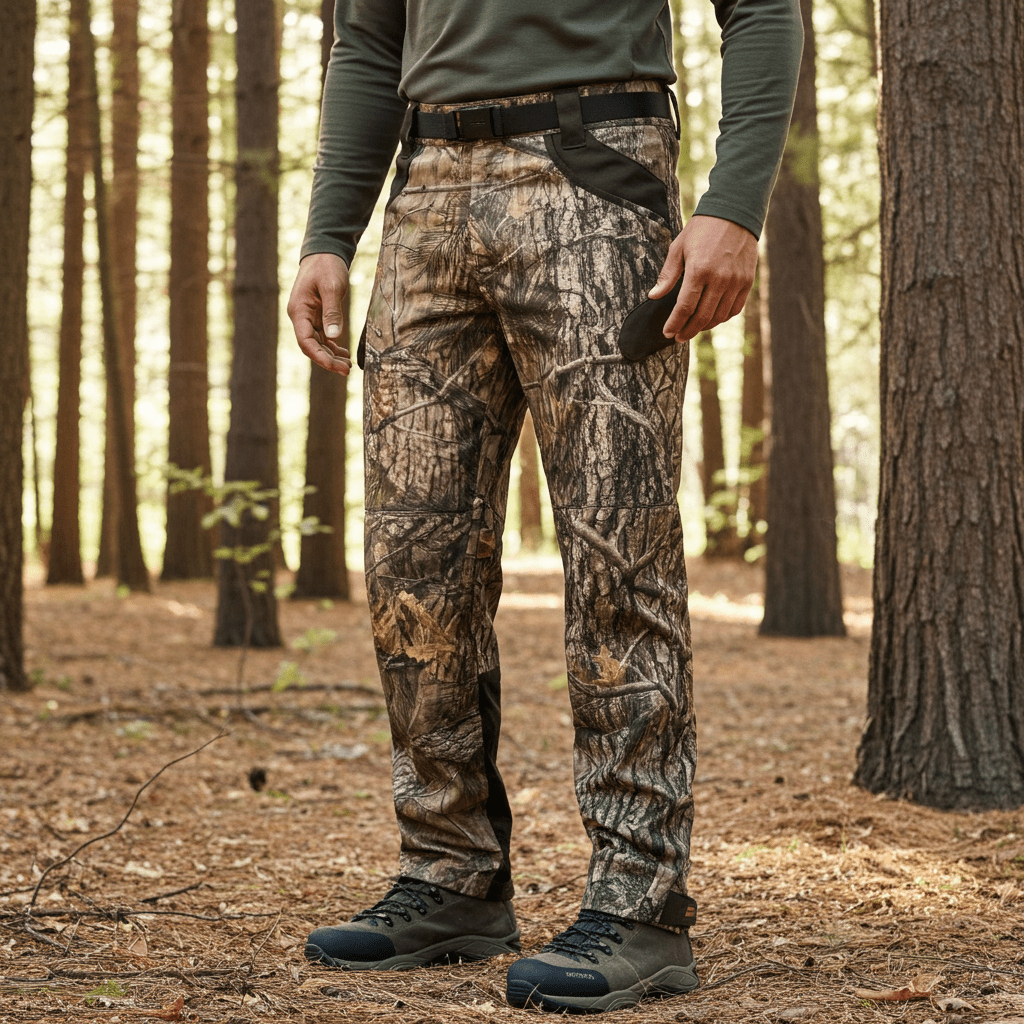 Presentati in azione in una pineta, questi pantaloni da caccia mimetici offrono una struttura leggera con tessuto antispino resistente alle sterpaglie pungenti e una finitura silenziosa che evita fruscii durante gli spostamenti tra gli alberi.