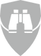 A gray shield icon featuring a pair of binoculars at the center, reminiscent of classic hunting gear.