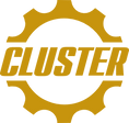 The image shows a logo with the word CLUSTER in bold, uppercase letters inside a gear shape. The entire design is in a gold color.