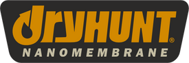 Logo featuring the text DRYHUNT NANOMEMBRANE in bold orange letters on a black, curved rectangular background, showcasing the brands commitment to quality for both mens and womens apparel.