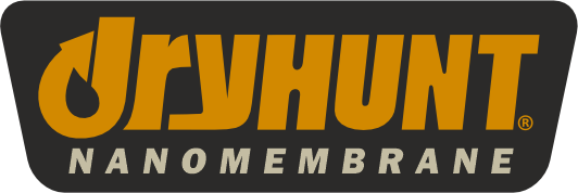 Logo featuring the text DRYHUNT NANOMEMBRANE in bold orange letters on a black, curved rectangular background, showcasing the brands commitment to quality for both mens and womens apparel.