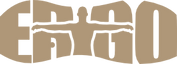 Logo featuring the text ERGO in capital letters, with a human figure in a Vitruvian Man pose in the center, arms and legs outstretched, overlapping the letters. The color is a muted beige or tan.