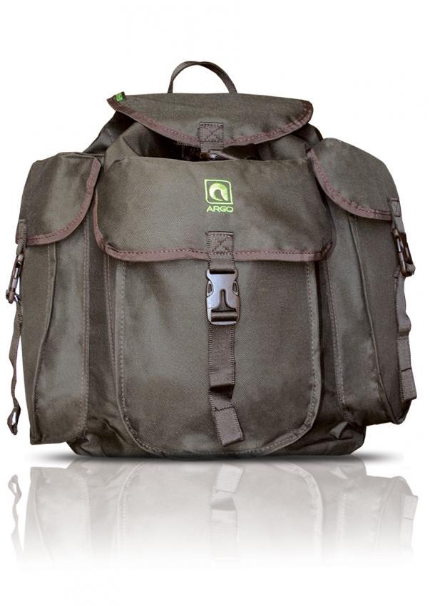 The Hillman Hunting Backpack ARGO® is showcased in green with large capacity. It has a top flap, buckle closure, two side pockets, and the Hillman logo on the front. Made from waterproof fabric, this lightweight backpack is perfectly reflected on a white surface.