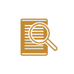 Icon of a magnifying glass over a vertically lined document, representing a search or review function. The design is in a gold color on a black background.