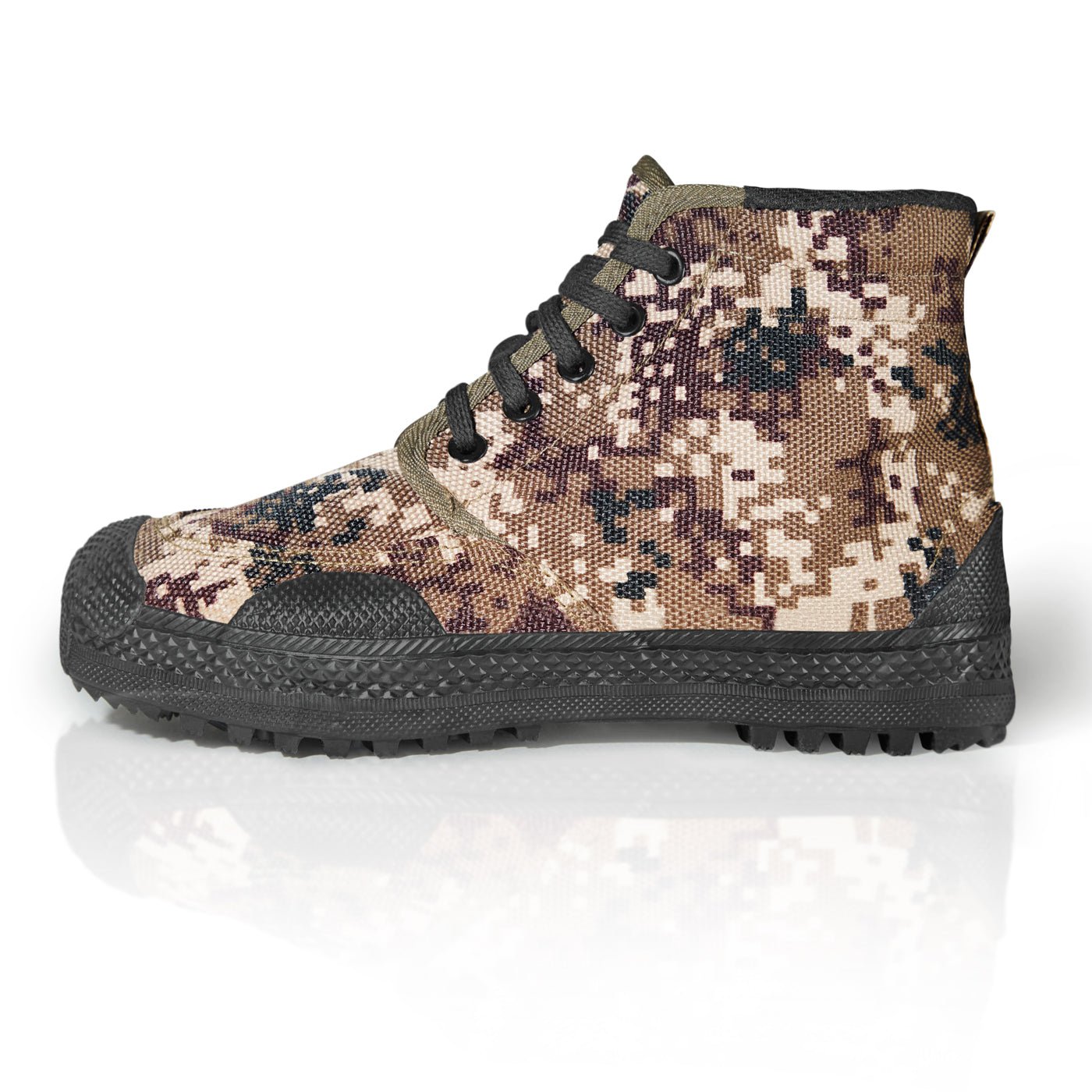 Profile studio photograph of a lightweight hunting shoe set against a white reflective background. The high-top design features a digital camouflage canvas upper paired with black laces, a textured rubber sole, and protective toe reinforcement for breathable sneakers.