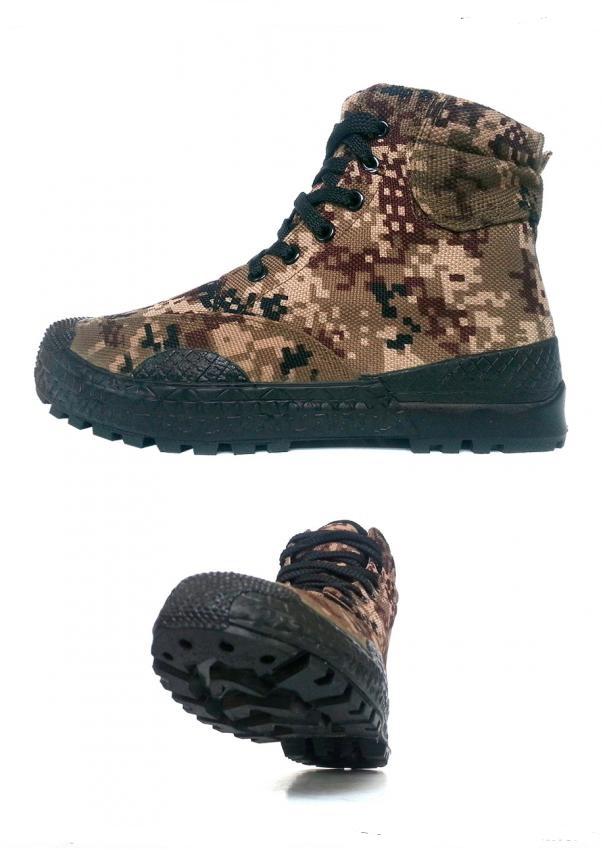 Product composite displaying men's breathable sneakers designed as lightweight hunting shoes. The image highlights the desert camo canvas upper from a side angle alongside a low-perspective view of the sturdy rubber sole.