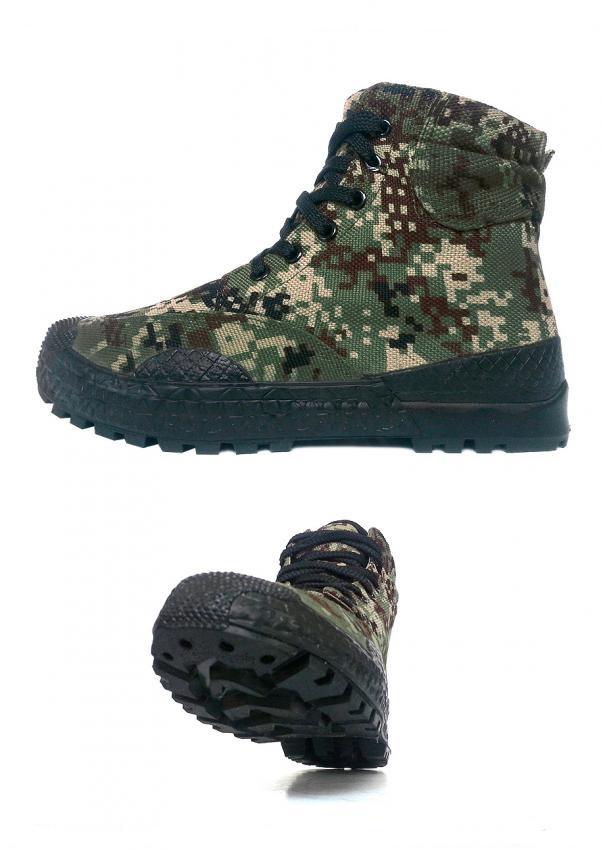 Two-angle display of a lightweight hunting shoe in green digital camo, featuring a side profile and a low-angle shot of the heavy-duty tread on these breathable sneakers.