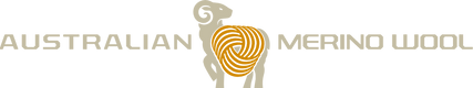 Illustration of a stylized sheep with a spiral wool pattern on its body, flanked by the text AUSTRALIAN MERINO WOOL in beige.