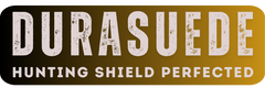 Text DURASUEDE in large, distressed white letters on a gradient background from dark brown to light brown. Below, in smaller white text, it reads HUNTING SHIELD PERFECTED by HILLMAN, emphasizing the excellence of their womens hunting gear.