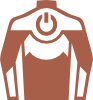 Illustration of a brown stylized human torso from the back, featuring a white circular power button symbol on the upper back and white angular patterns on the shoulders and lower back.