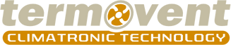 Logo with the text termovent in a light gray font, featuring a stylized fan icon inside the letter o. Below, an orange bar contains the words CLIMATRONIC TECHNOLOGY in white, all caps font.