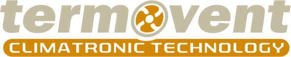 Logo with the text termovent in a light gray font, featuring a stylized fan icon inside the letter o. Below, an orange bar contains the words CLIMATRONIC TECHNOLOGY in white, all caps font.