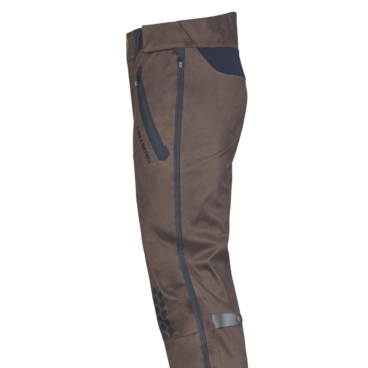 Side view of Hillman waterproof hunting pants showing the full-length zip, thigh pocket and high waist yoke. A slim, technical build throughout.