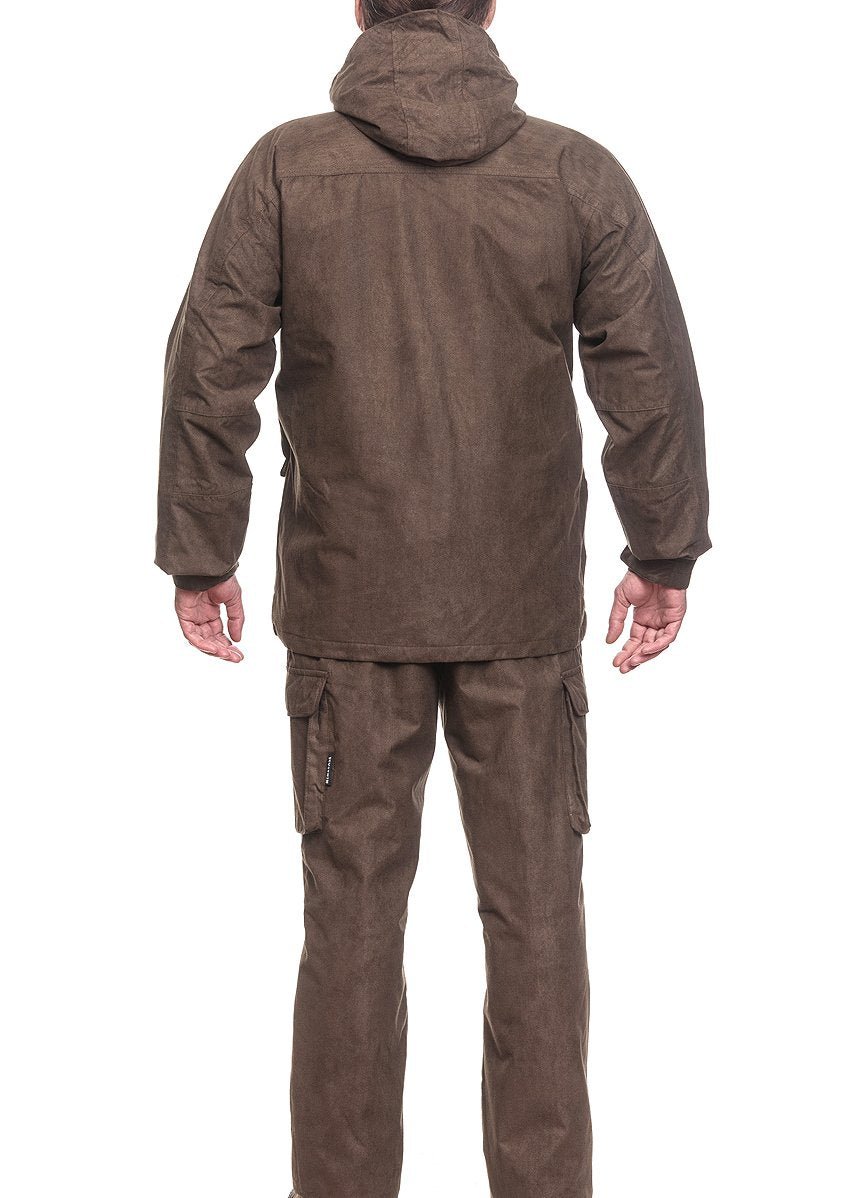 Back perspective of a brown winter hunting suit 3 in 1, showing the seamless design of the jacket, integrated hood, and trousers against a white backdrop.