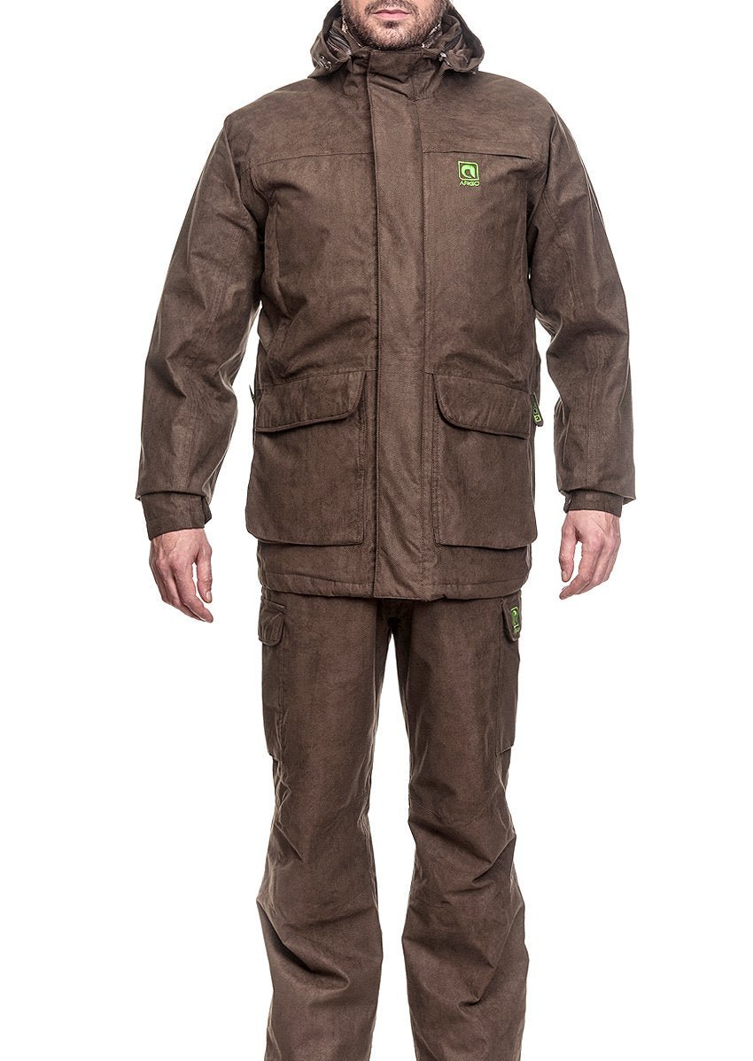 Front perspective of an insulated brown winter hunting suit, including a zipped outer jacket, integrated hood, and cargo pants isolated on a white background.