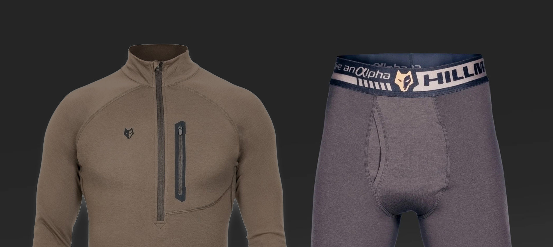 A brown long-sleeve pullover with a zippered chest pocket is shown next to a pair of gray boxer briefs with a branded waistband reading HILLMAN, both on a dark background.