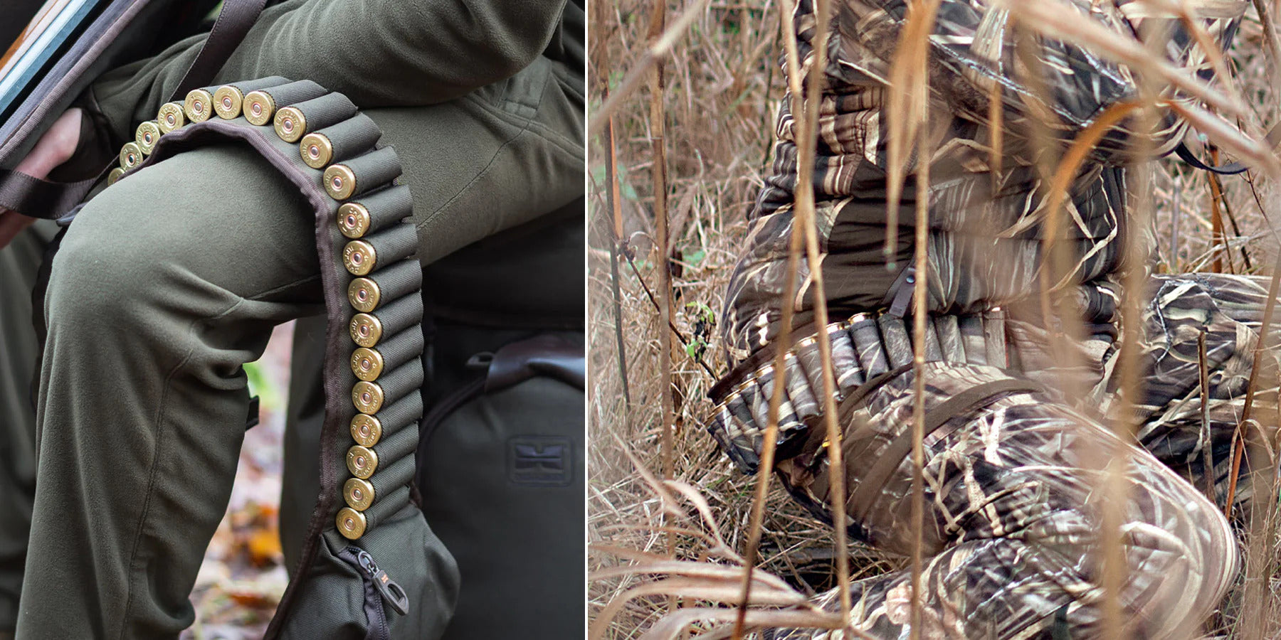 Left: Person in green clothing with shotgun shells strapped to their leg. Right: Person in camouflage gear partially hidden among tall dry grass with shotgun shells on their belt.