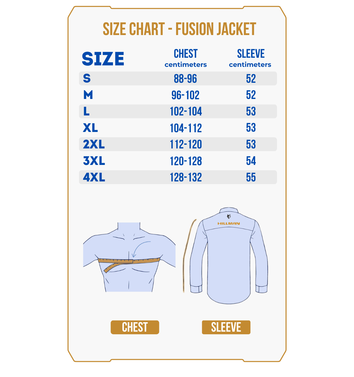 Size chart for PRE-ORDER Fusion Hunting Jacket, detailing chest and sleeve measurements (cm) for sizes S-4XL. Features illustrations showing how to measure chest and sleeve on both a shirt and a person.