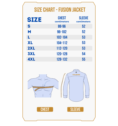 Size chart for PRE-ORDER Fusion Hunting Jacket, detailing chest and sleeve measurements (cm) for sizes S-4XL. Features illustrations showing how to measure chest and sleeve on both a shirt and a person.