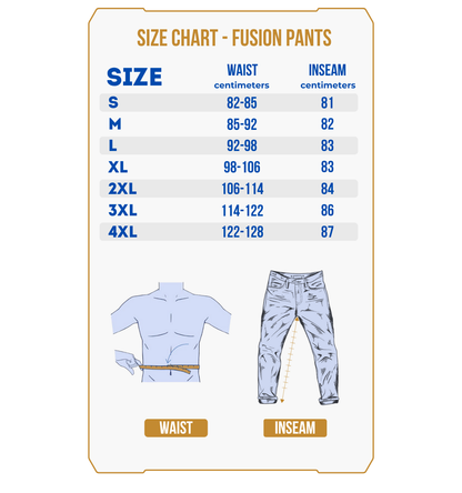 The size chart for PRE-ORDER Fusion Hunting Pants displays waist and inseam measurements in centimeters for sizes S-4XL, with diagrams showing where to measure on the body and pants.