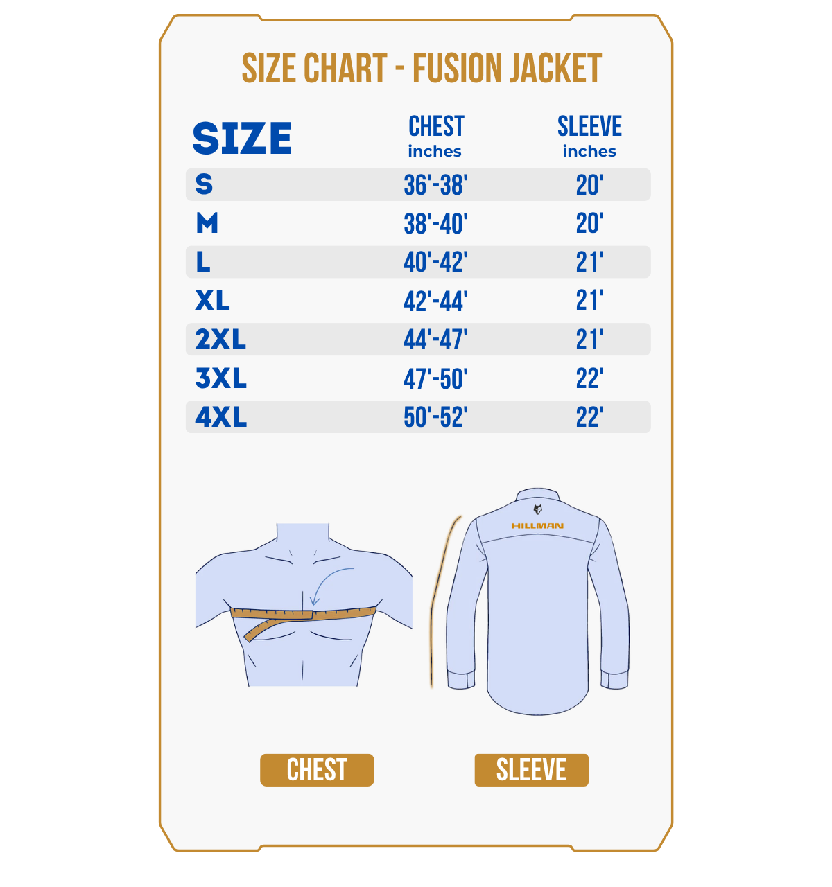 Size chart for PRE-ORDER Fusion Hunting Jacket, listing chest and sleeve measurements for sizes S–4XL, with illustrations showing where to measure chest and sleeve on both a person and a shirt.
