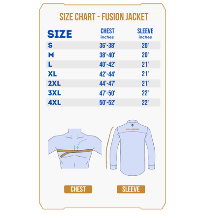 Size chart for PRE-ORDER Fusion Hunting Jacket, listing chest and sleeve measurements for sizes S–4XL, with illustrations showing where to measure chest and sleeve on both a person and a shirt.