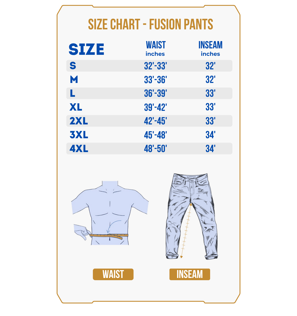 The size chart for PRE-ORDER Fusion Hunting Pants lists waist (32-50) and inseam (32-34) for sizes S to 4XL, with illustrations showing how to measure these lightweight pants.