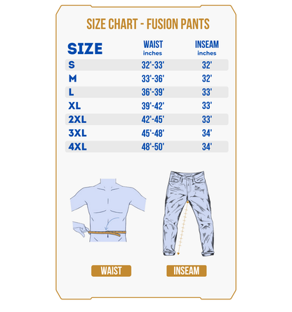 The size chart for PRE-ORDER Fusion Hunting Pants lists waist (32-50) and inseam (32-34) for sizes S to 4XL, with illustrations showing how to measure these lightweight pants.