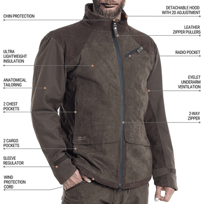 A man wears the Fusion Hunting Jacket in brown—it features chin protection, a detachable hood, leather zipper pullers, multiple pockets, underarm ventilation, anatomical tailoring, and a wind protection cord.