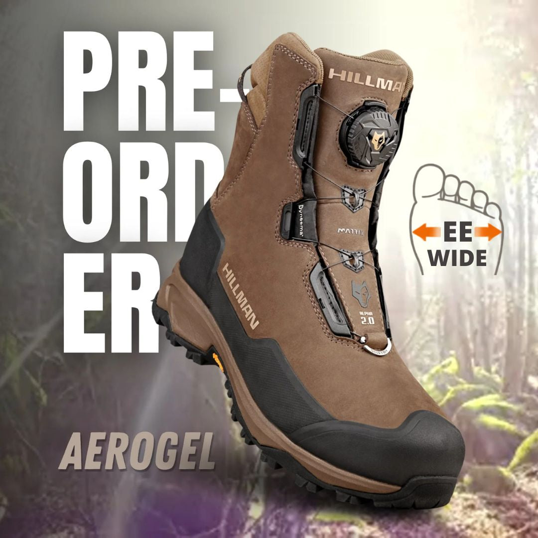 A DryHunt 2.0 hunting boot is shown with PRE-ORDER text behind it, featuring an EE WIDE fit icon and “AEROGEL” at the bottom. These wide, waterproof boots stand out against a blurred nature backdrop. Delivery from 25 Sep.