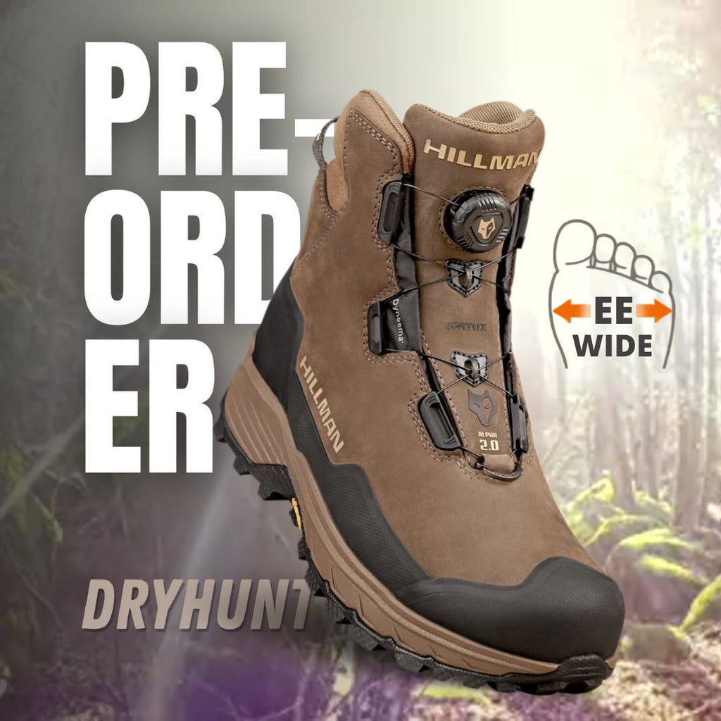 A wide width waterproof DryHunt 2.0 hunting boot is shown in the foreground with “PRE-ORDER,” “DRYHUNT,” and “EE WIDE” text. A misty forest background highlights these breathable boots, available for pre-order—delivery by 25 Sep.